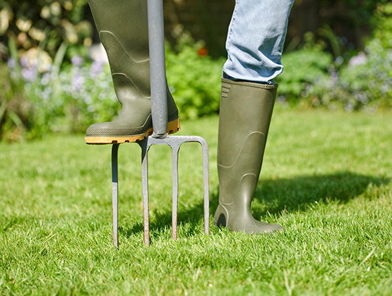 Close up of gumboots and jeans with one foot on a garden pitchfork being pushed into a lawn