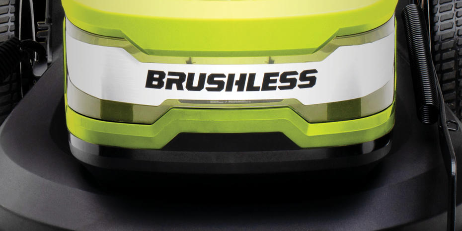 Close up of RYOBI lawn mower Brushless sign on front