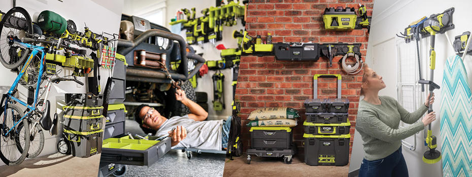 Four different Ryobi LINK uses and applications - in the garage, workshop, laundry and shed