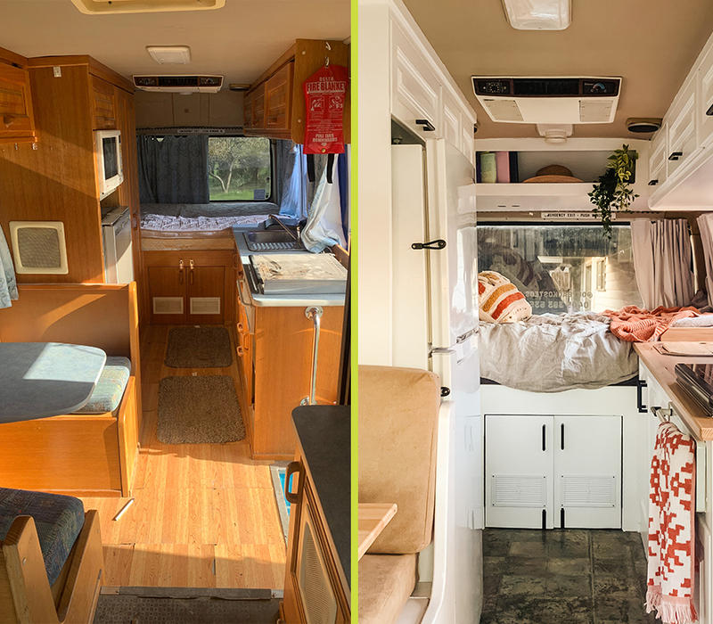 The inside of a motor home before and after renovation. One side is dark wood tones, one side brighter white.