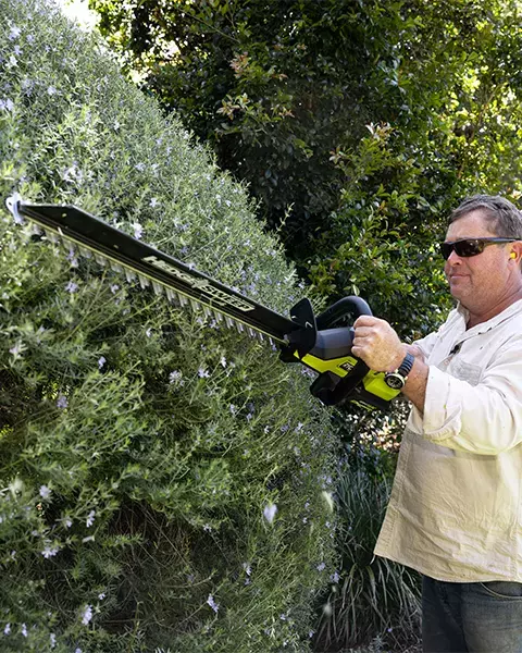 Jason Hodges uses a RYOBI hedge trimmer to prune a large bush