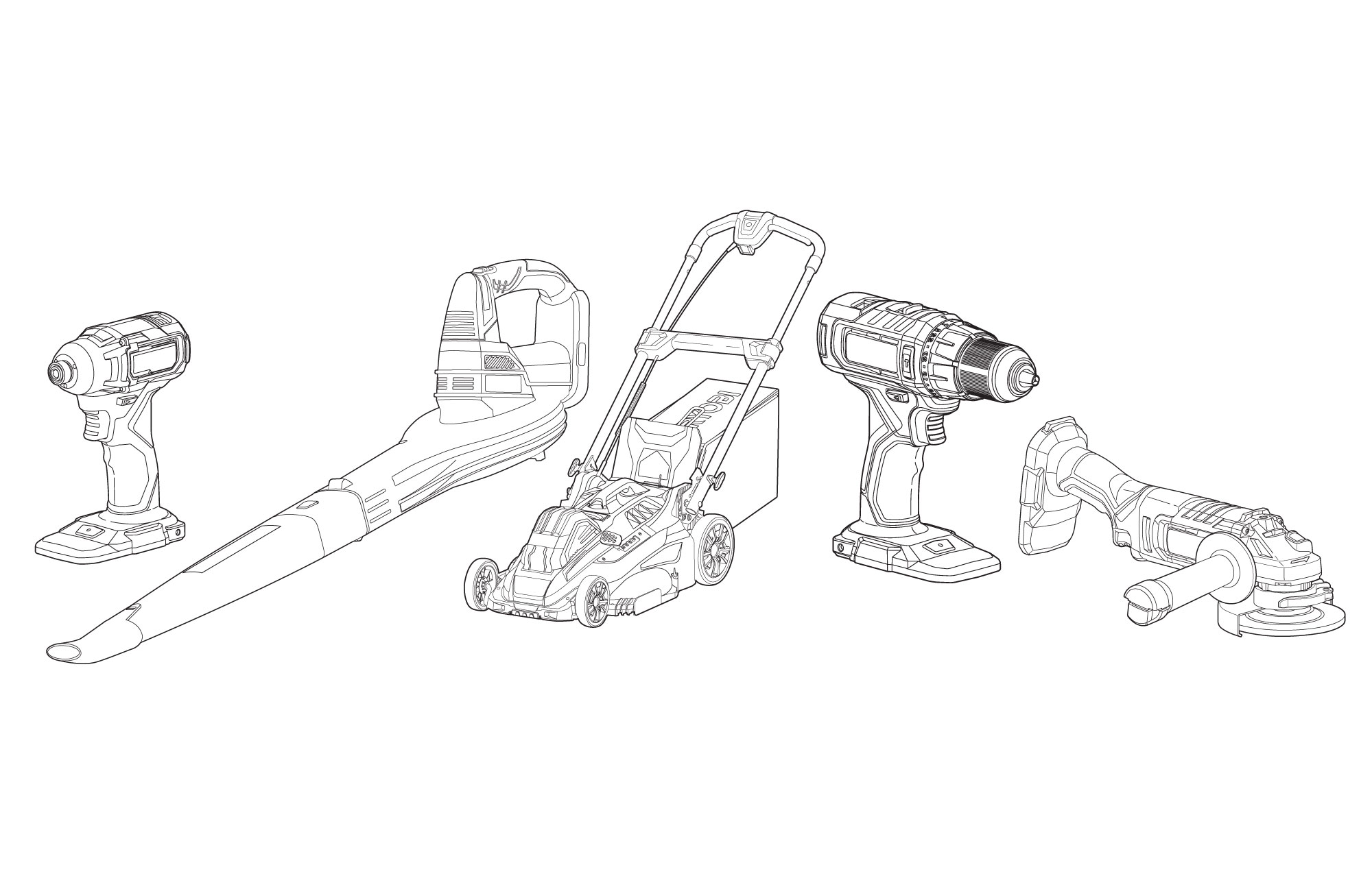 A fine line sketch of refurbished RYOBI tools