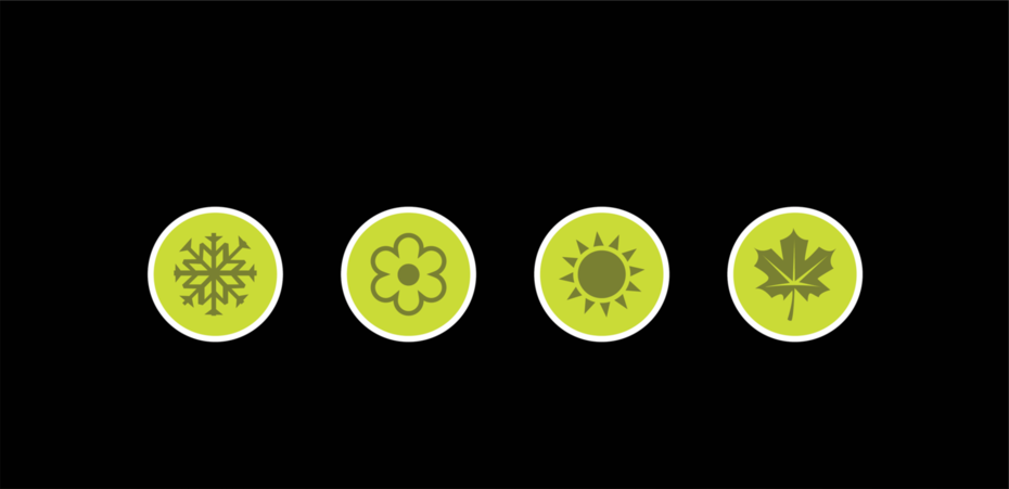 Graphic with icons to represent four seasons on a black background 