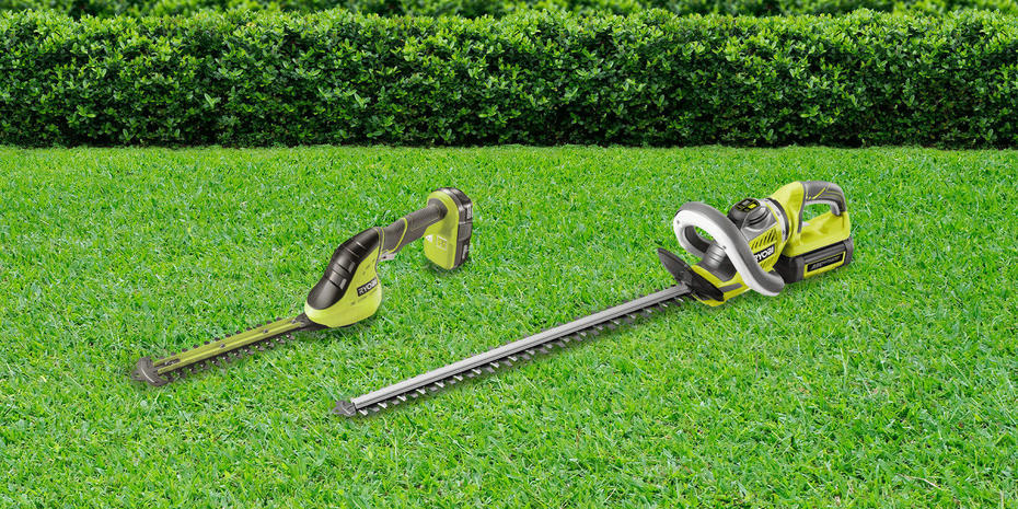 Two Ryobi hedge trimmers with different bar lengths for comparison