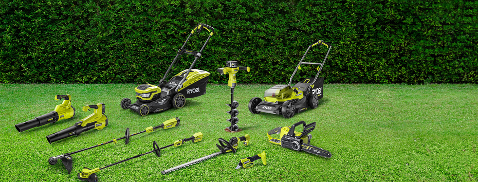 RYOBI ONE+ HP Garden Tool range displayed on a green lawn