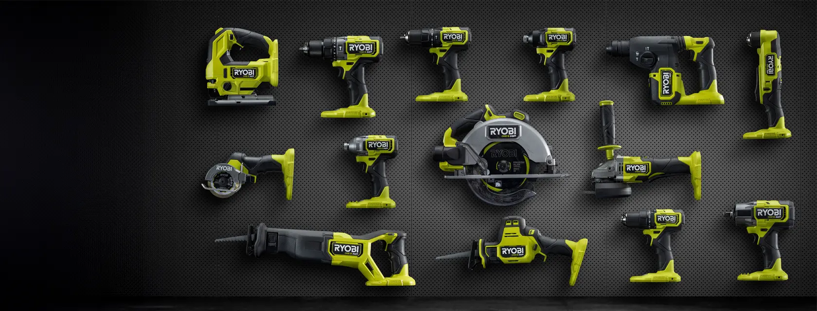 Ryobi ONE+ HP power tool range on a black pegboard background