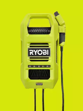 RYOBI supercharger battery charger on a hyper green background