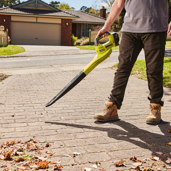 Man using leaf blower to clear driveway